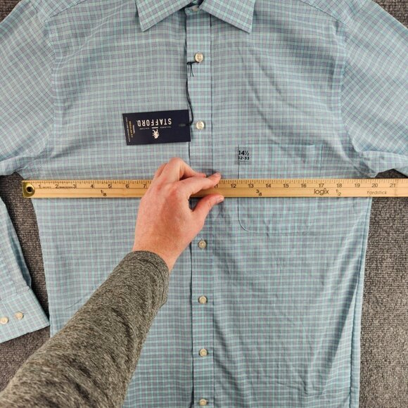 NWT Stafford Travel Button Up Shirt Green Blue Check 14.5 32/33 Regular Woven - Picture 6 of 16